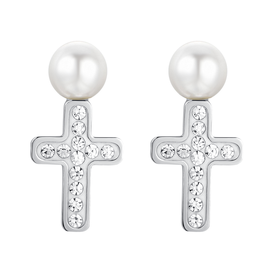 ORECCHINI DONNA IN ACCIAIO PERLA E CROCE